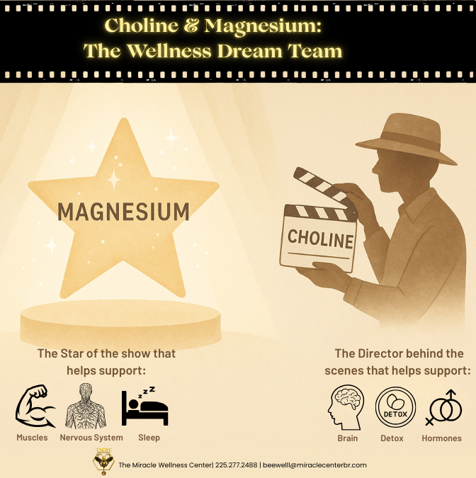 Infographic titled ‘Choline & Magnesium: The Wellness Dream Team’ showing magnesium as the star nutrient supporting muscles, the nervous system, and sleep, and choline as the behind-the-scenes director supporting brain health, detox, and hormones. Created by The Miracle Wellness Center.